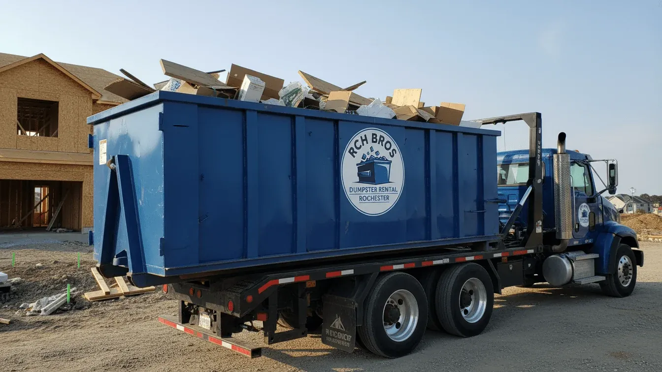 Commercial dumpster rental in Rochester: a 30 yard roll-off backed into a loading bay off a Gates industrial park, flattened cardboard stacked against the wall and the driver setting boards before the container comes off the rails. Commercial dumpster rental in Rochester: a 30 yard roll-off backed into a loading bay off a Gates industrial park, flattened cardboard stacked against the wall and the driver setting boards before the container comes off the rails.