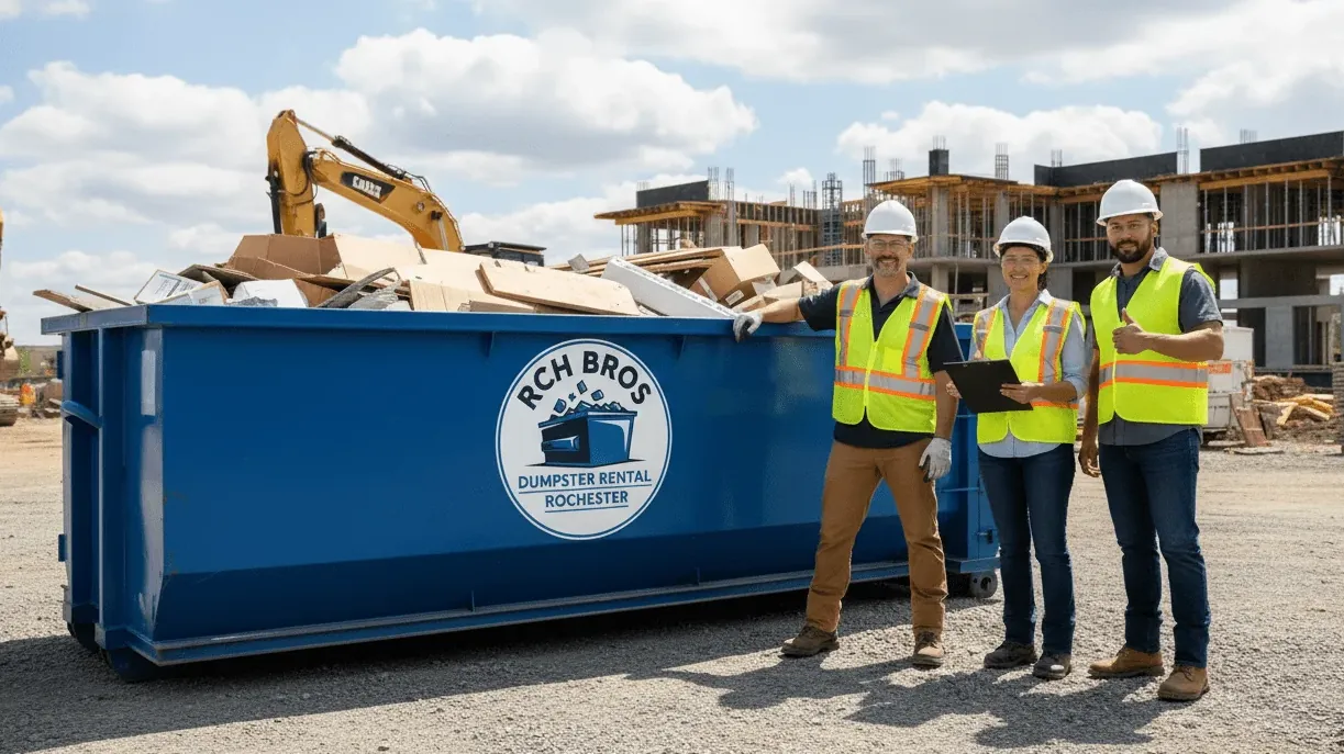 Construction debris disposal in New York — mixed building waste loaded into a roll-off on a Rochester site Construction debris disposal in New York — mixed building waste loaded into a roll-off on a Rochester site
