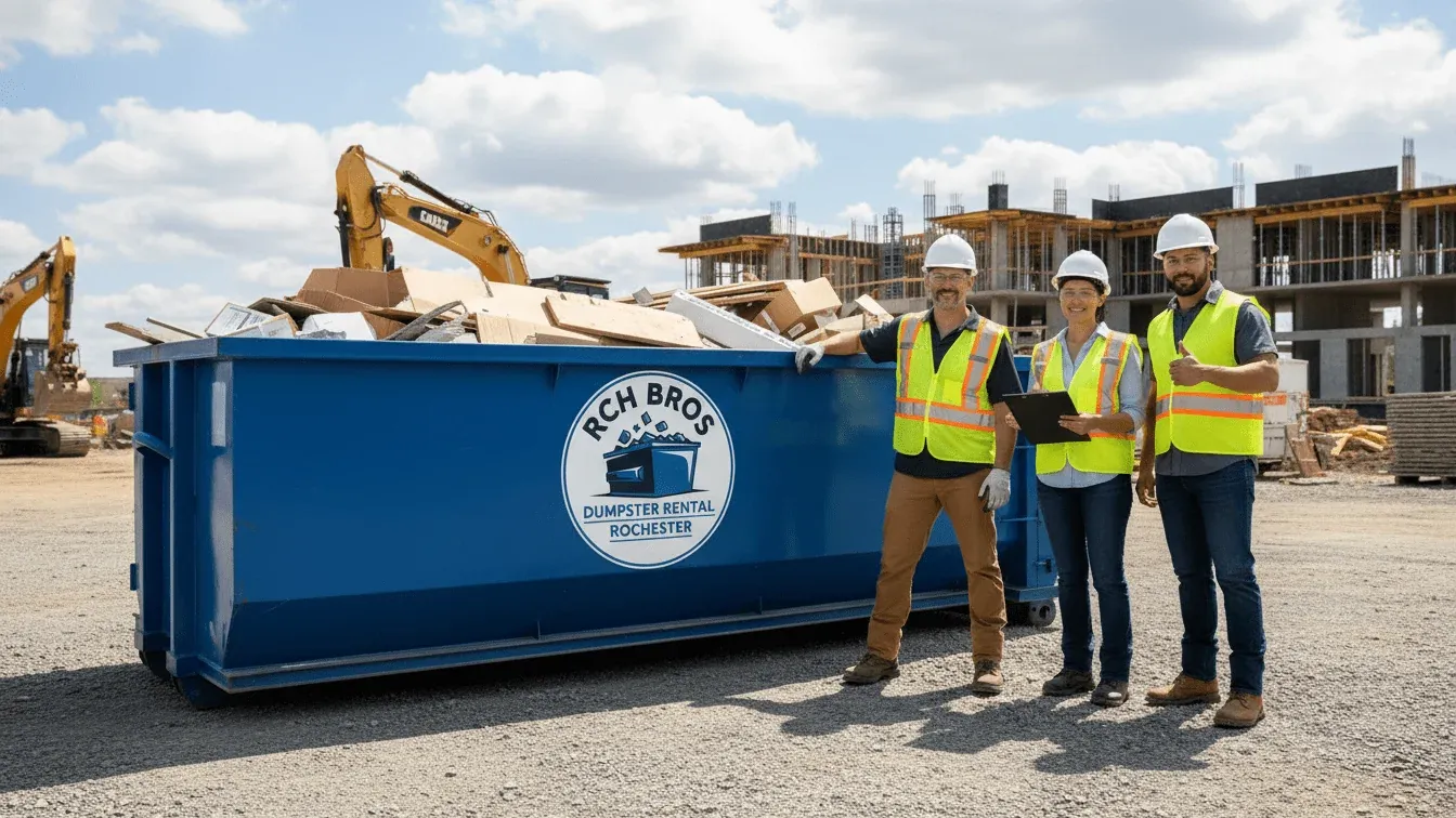 Roll-off dumpster on a residential construction site near Rochester, NY Roll-off dumpster on a residential construction site near Rochester, NY
