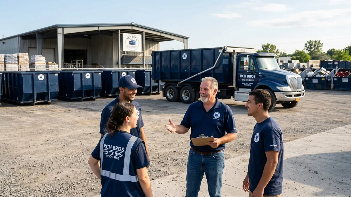 The RCH Bros Dumpster Rental Rochester crew talking through the day’s routes at the yard The RCH Bros Dumpster Rental Rochester crew talking through the day’s routes at the yard