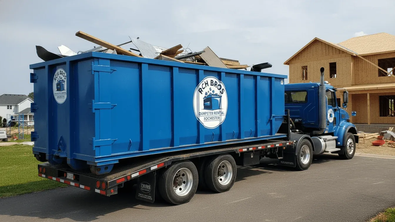 Roll-off truck delivering a 30 yard dumpster on a residential street in Rochester, NY Roll-off truck delivering a 30 yard dumpster on a residential street in Rochester, NY