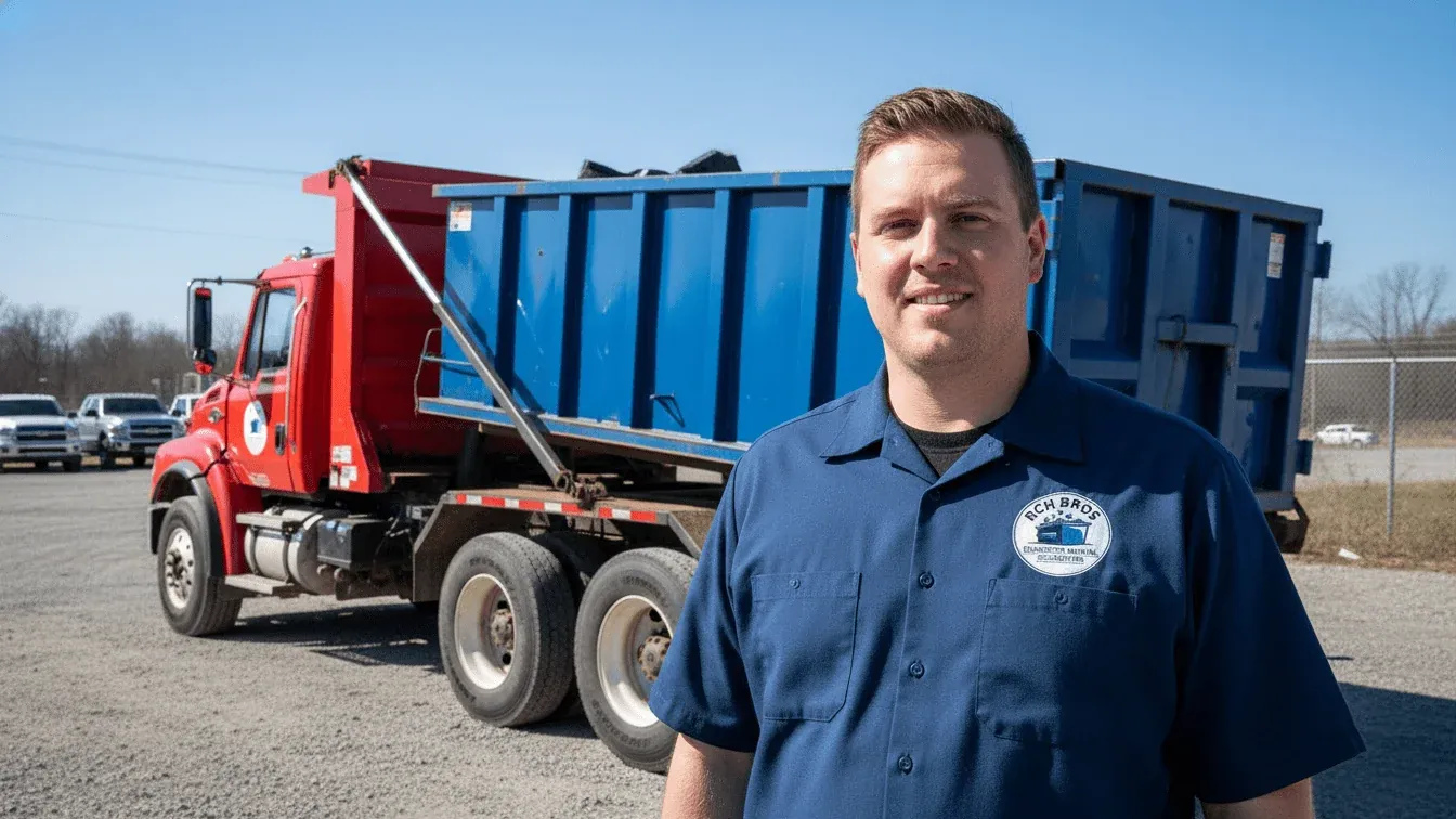 An RCH Bros Dumpster Rental Rochester driver beside the roll-off truck fleet on the west side of the city An RCH Bros Dumpster Rental Rochester driver beside the roll-off truck fleet on the west side of the city