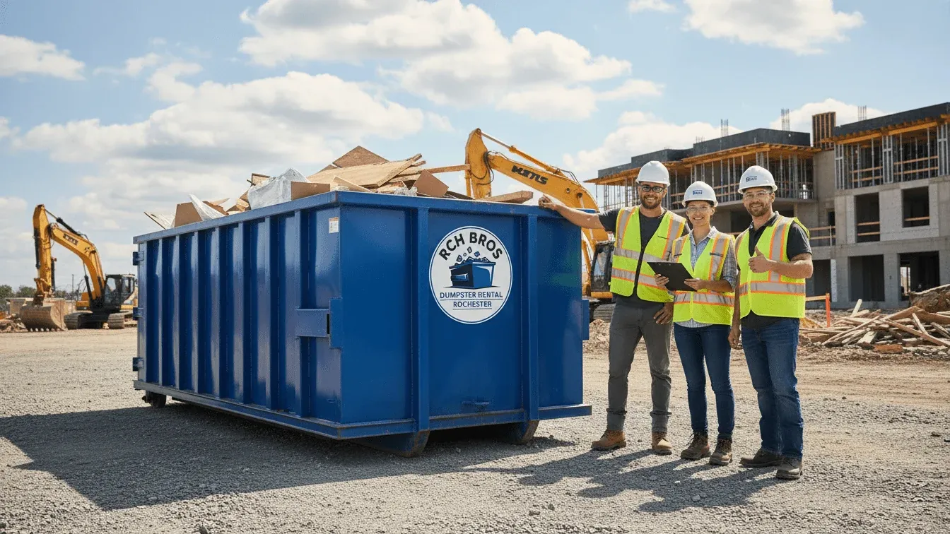 RCH Bros Dumpster Rental team in high-visibility vests at the Rochester yard