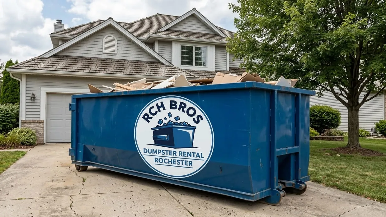 Residential dumpster rental in Rochester: a 20 yard roll-off set on plywood in a Beechwood driveway beside a two-story frame house, basement bulkhead open and plaster and lath stacked flat on the floor of the container. Residential dumpster rental in Rochester: a 20 yard roll-off set on plywood in a Beechwood driveway beside a two-story frame house, basement bulkhead open and plaster and lath stacked flat on the floor of the container.