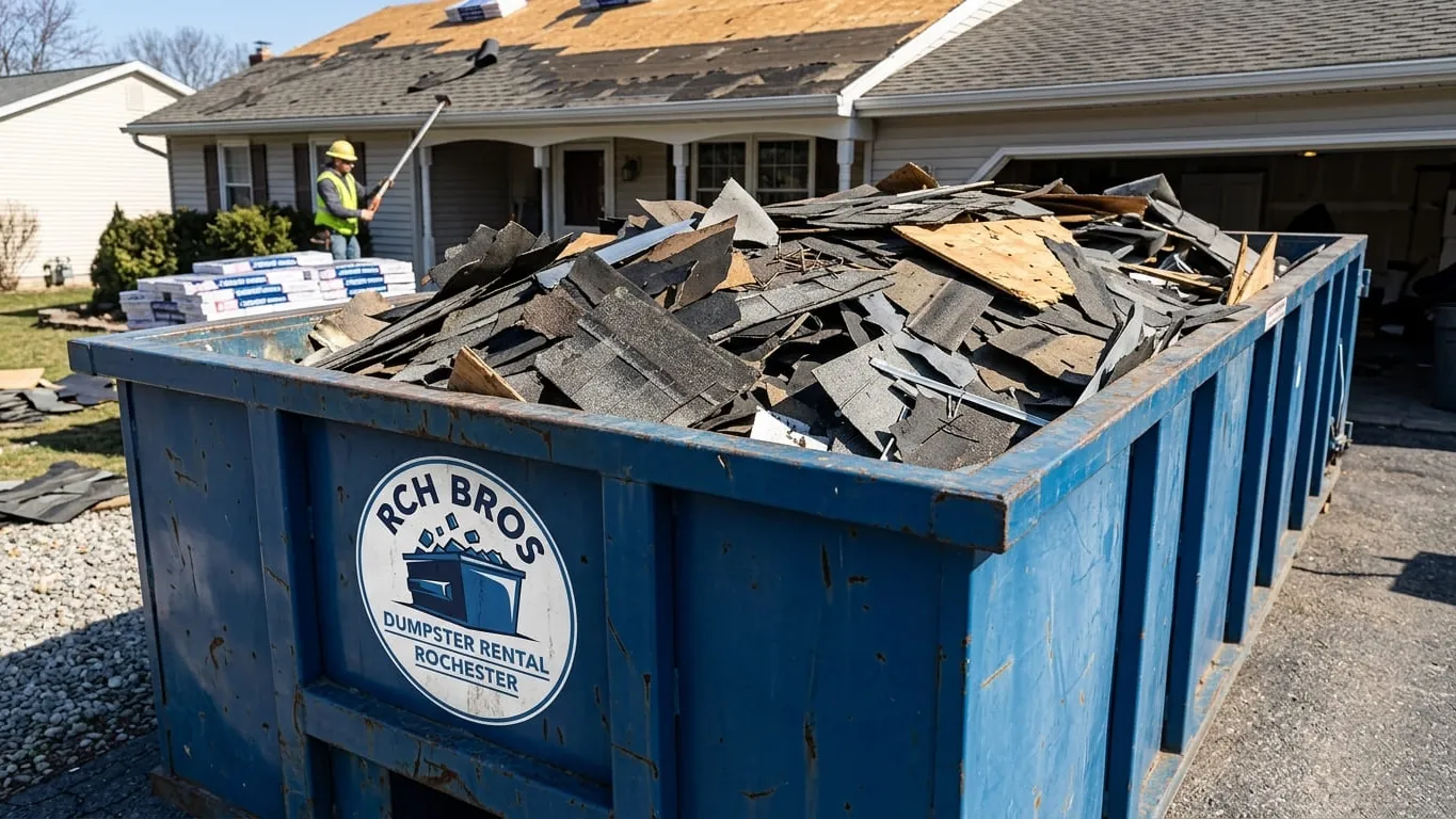 Roofing dumpster rental in Rochester: a 15 yard roll-off set tight to the eave line of a Penfield ranch with tarps running from the roof edge into the box and three layers of stripped shingle stacked flat inside it. Roofing dumpster rental in Rochester: a 15 yard roll-off set tight to the eave line of a Penfield ranch with tarps running from the roof edge into the box and three layers of stripped shingle stacked flat inside it.
