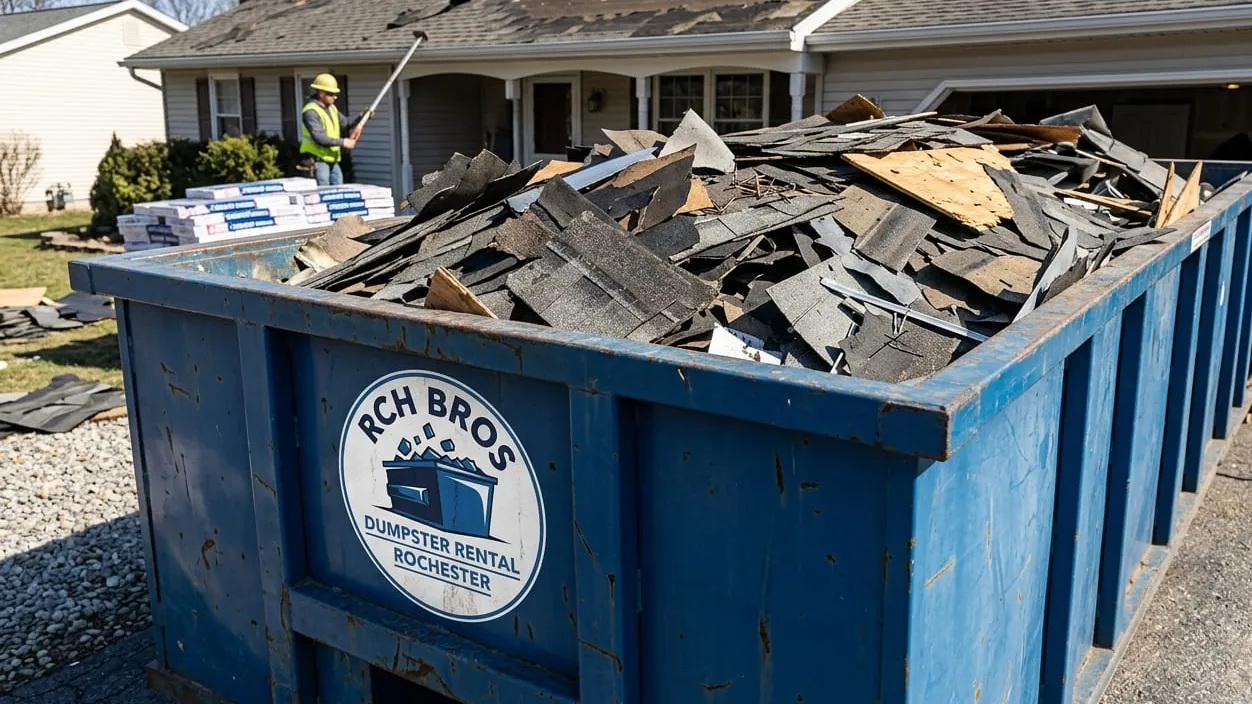 Roofing tear-off dumpster sizing in Rochester, New York — shingle layers loaded flat by weight, not by volume Roofing tear-off dumpster sizing in Rochester, New York — shingle layers loaded flat by weight, not by volume