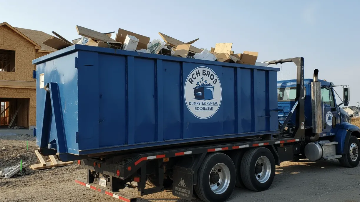 Winter dumpster rental in Rochester, New York — a roll-off truck working through a hundred inches of snow Winter dumpster rental in Rochester, New York — a roll-off truck working through a hundred inches of snow